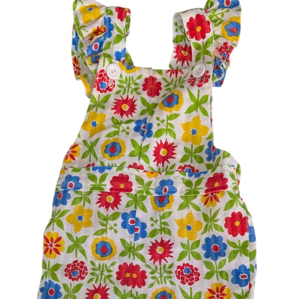 70s Vintage Healthtex Toddler Girl Floral Print Seersucker Overall Romper Outfit